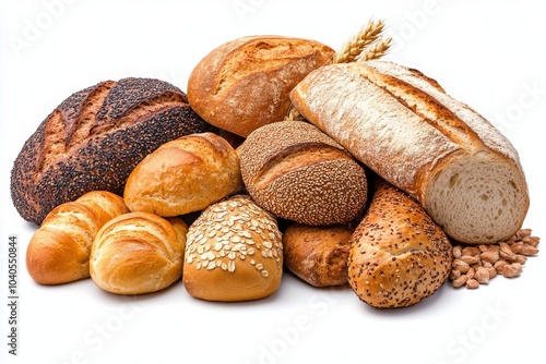 An assortment of freshly baked breads displayed on a wooden board with a bask...