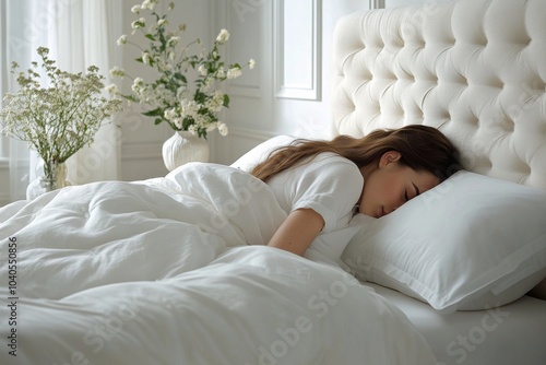 Young woman peacefully sleeping in a cozy bedroom with white bedding and soft...