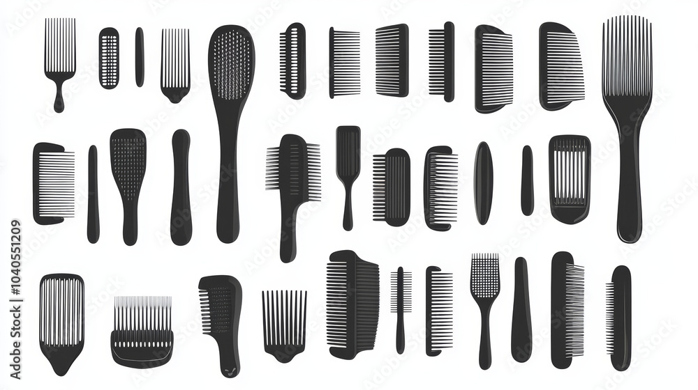 A set of hair comb icons, featuring various styles of combs typically used in barbershops and salons. This vector stock illustration includes a variety of designs, such as wide-tooth combs, fine-tooth A set of hair comb icons, featuring various styles of combs typically used in barbershops and salons. This vector stock illustration includes a variety of designs, such as wide-tooth combs, fine-tooth