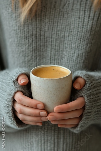 A cozy moment with a warm drink in a knitted sweater during a chilly day