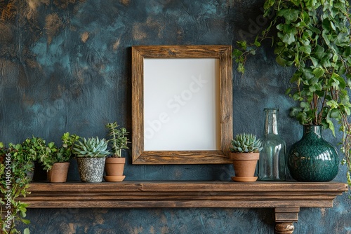 Decorative interior display with plants and empty frame on wooden shelf again...