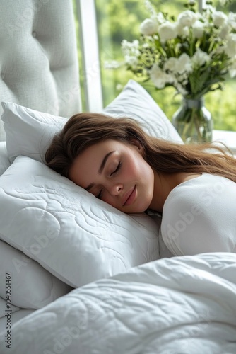 A woman peacefully resting on a white pillow in a sunlit bedroom with flowers...