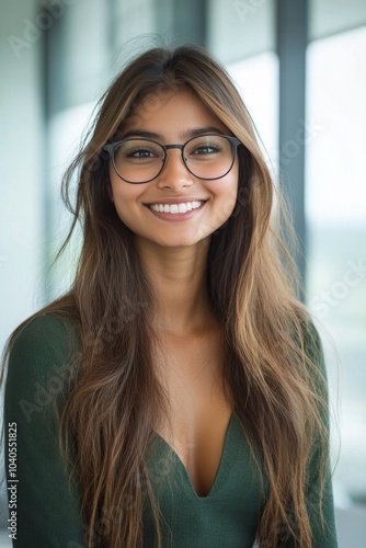 Young woman with long hair and glasses smiling confidently indoors in a brigh...