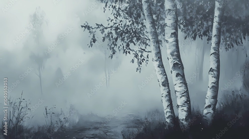 Foggy autumn woodland scene with vibrant fall colors and mist enveloping the trees, creating a peaceful and mysterious seasonal landscape.