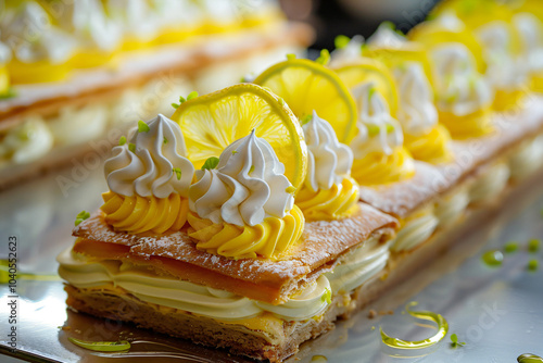 Lemon cake with whipped cream. Banner template close-up for advertising of confectionery, menu, restaurants with amazing sweets with copyspace photo