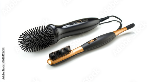 A neatly arranged set of hair styling tools, including a hair dryer, straightener, and brush, all placed on a clean white background, emphasizing their sleek and functional design.