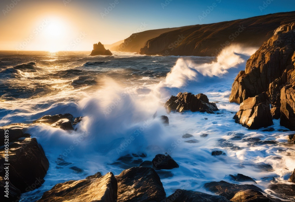 Obraz premium majestic waves crashing serene rocky shoreline vibrant blue ocean breathtaking coastal views, beach, coastline, cliffs, water, horizon, sand, landscape, rocks