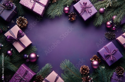 Elegant purple holiday gifts with pine branches and festive decor for winter ...