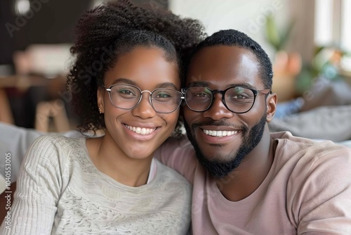 A Joyful Couple in Glasses Snuggled on a Sofa