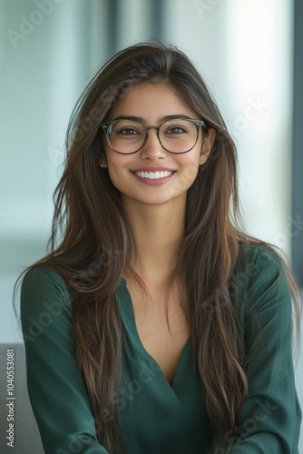Young woman with long hair and glasses smiling confidently indoors in a brigh...
