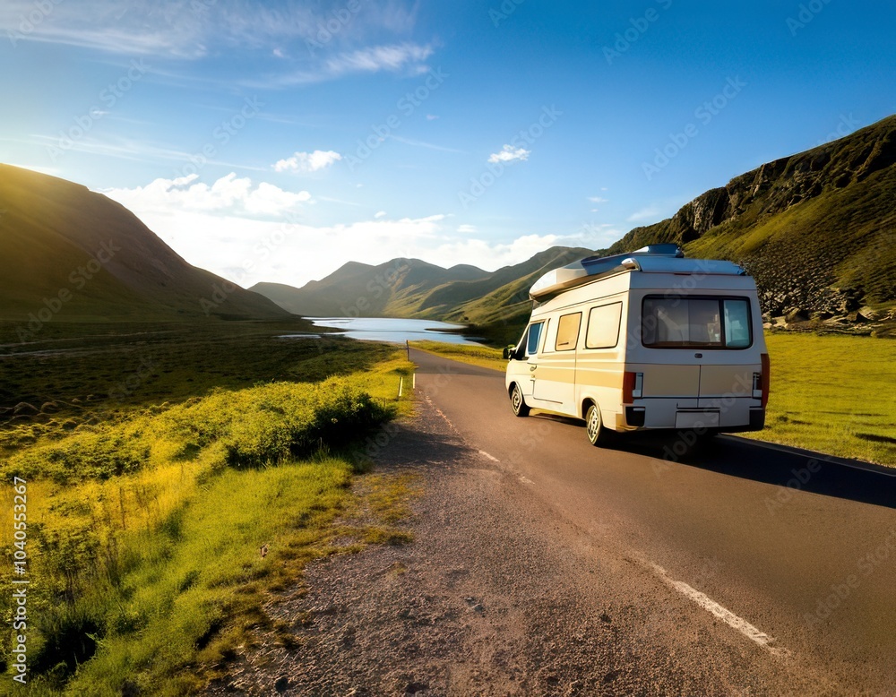 Scenic view of camper van on road. Generated image Scenic view of camper van on road. Generated image