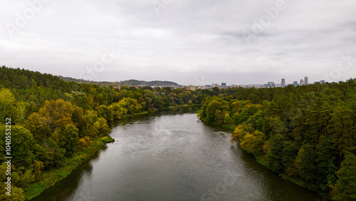 Vilnia River in Vilnius, Lithuania. Top cinematic aerial view. Beautiful nature. Famous city park in Vilnius