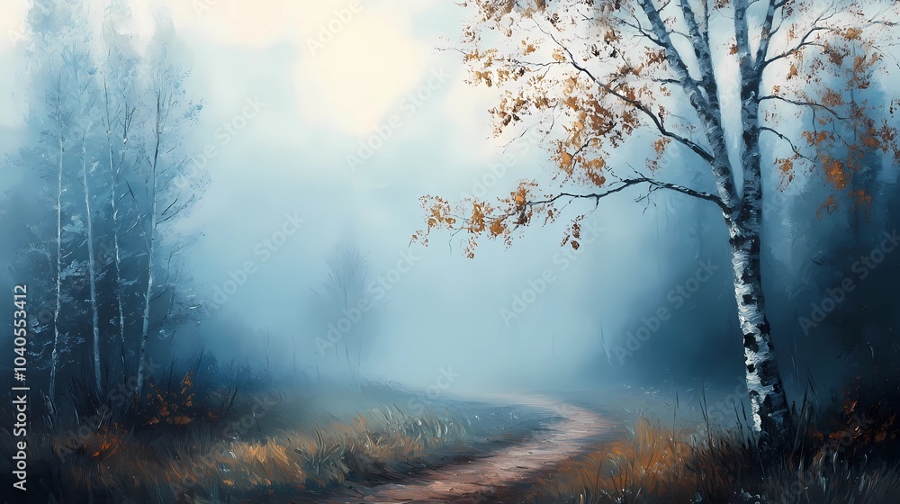 Naklejka premium Foggy autumn woodland scene with vibrant fall colors and mist enveloping the trees, creating a peaceful and mysterious seasonal landscape.