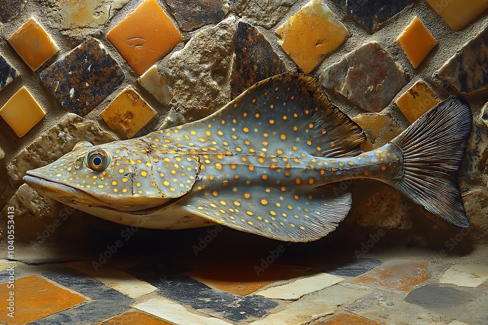 Fototapeta premium A gray fish with yellow spots lies on a tiled surface.