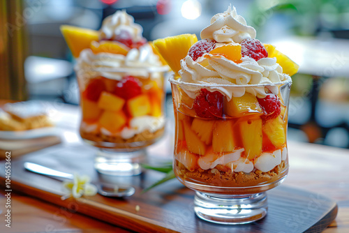 Dessert with tropical fruits and cream in a glass. Banner template for menu, food photos of restaurants, advertising of confectionery cafes with space for text photo