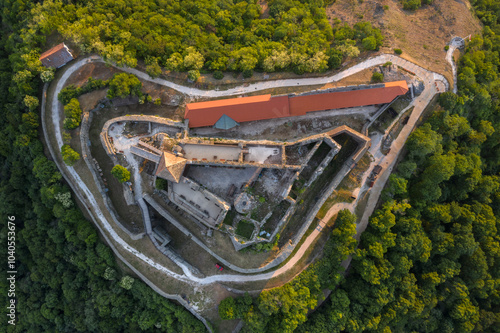 Aerial view of the castle of Visegrad, located on a hill on the banks of the Danube River in the north of Hungary