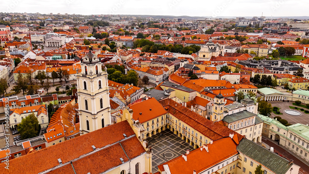 Obraz premium Vilnius City Aerial View, Lithuania. European old city landscape. Downtown city life concept. Architecture, development, transportation and infrastructure