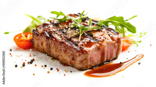 Delicious grilled steak garnished with fresh herbs and cherry tomatoes, showcasing gourmet food presentation. vibrant colors and textures create appetizing visual experience