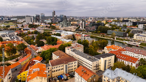 Vilnius City Aerial View, Lithuania. European old city landscape. Downtown city life concept. Architecture, development, transportation and infrastructure