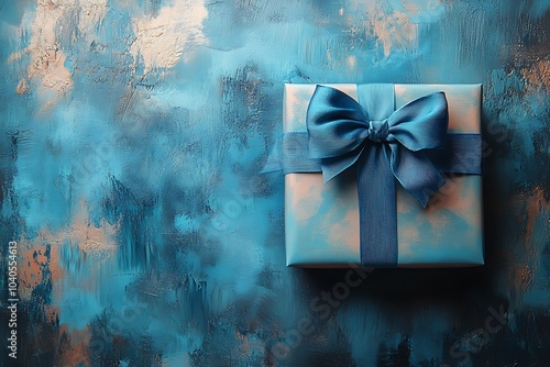 A beautifully wrapped gift box with a blue ribbon on a textured background