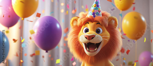 Happy Birthday Lion with Balloons and Confetti photo