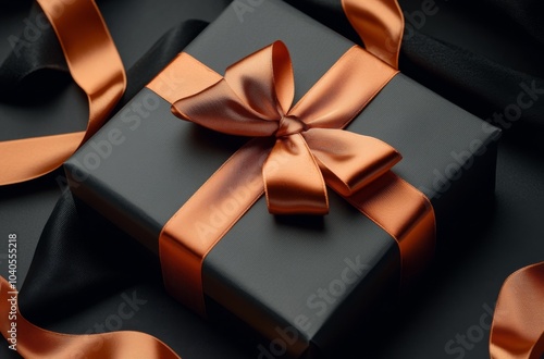 Elegant black gift box with orange ribbon on textured dark surface