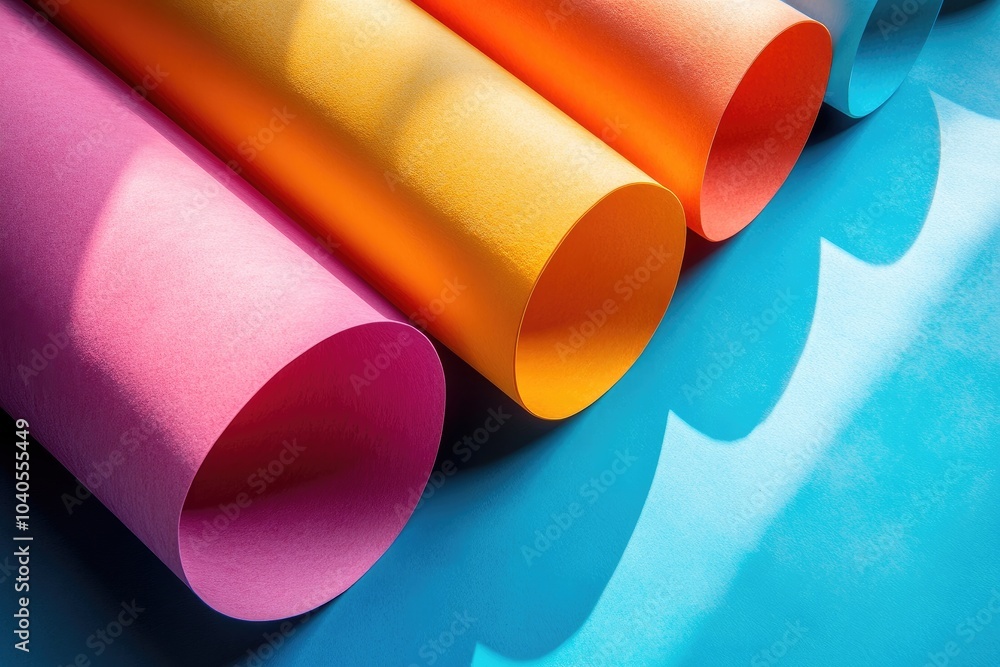 Vibrant Rolls of Colorful Paper on Blue Surface in Sunlight Vibrant Rolls of Colorful Paper on Blue Surface in Sunlight