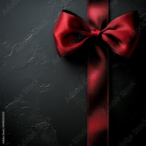 Elegant red ribbon with a bow displayed on a textured black background for gi...