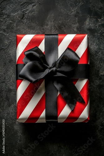 Gift wrapped in red and white stripes with black ribbon on a dark surface photo