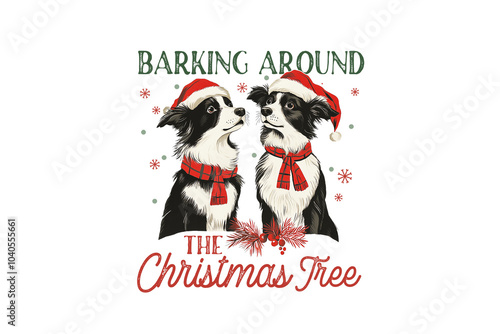 Barking around the Christmas tree, Hand Drawn Christmas Farm Sublimation