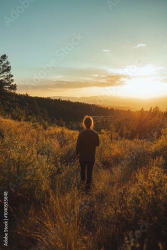 A person walking through a golden grassy field at sunset, surrounded by trees in a serene, natural landscape