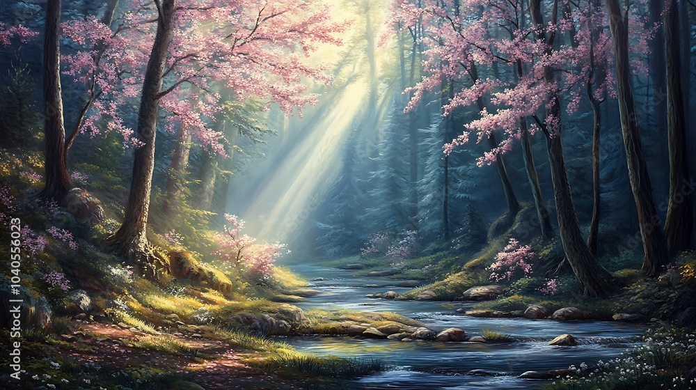 Obraz premium A serene spring morning in a forest with blooming cherry blossoms, a gentle stream, and sunlight filtering through the trees 