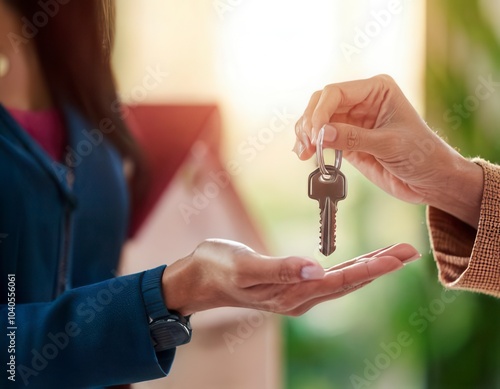 Hands, key and give in new home by real estate agent to owner in sale of property. Generated image