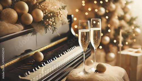 Elegant champagne glasses sit on a decorated piano, surrounded by festive golden ornaments. photo