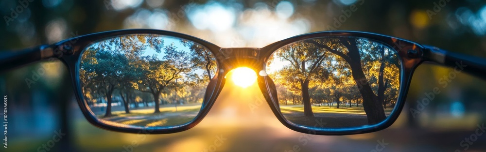 Sunset glow reflected in glasses while walking through a park filled with trees during golden hour Sunset glow reflected in glasses while walking through a park filled with trees during golden hour