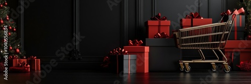 A festive display of red gifts and a shopping cart against a dark background