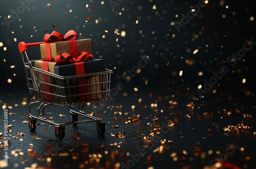 Gift boxes with red ribbons and glitter on a black table beside a shopping cart