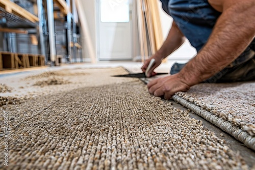 Craftsman Using a Cutter to Fit Carpet on Floor: Close-Up Photo