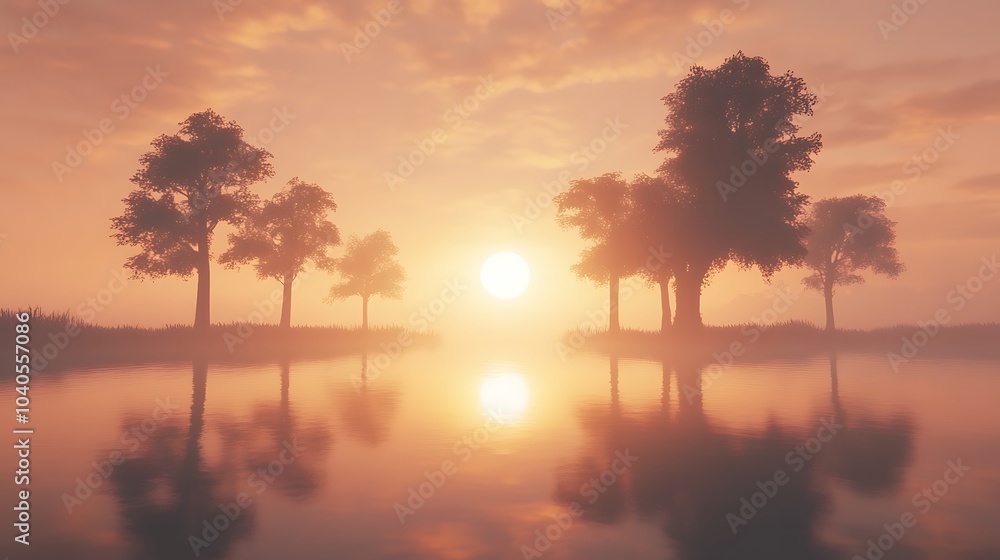 A serene sunrise over a calm lake, with mist rising from the water, and silhouettes of trees reflecting perfectly on the surface A serene sunrise over a calm lake, with mist rising from the water, and silhouettes of trees reflecting perfectly on the surface