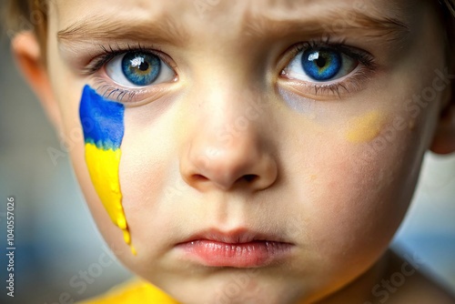 child with the flag of Ukraine is crying. Sadness longing hope. Tear macro. photo