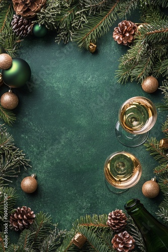 Celebratory champagne and ornaments arranged on a festive green background du...