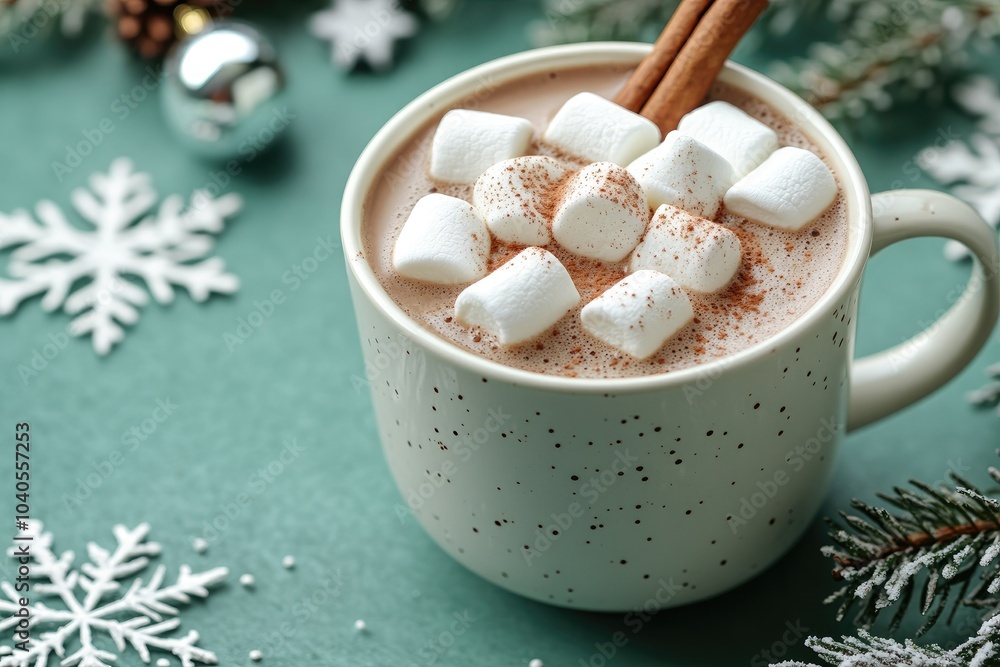 Festive Hot Chocolate with Marshmallows and Cinnamon on Holiday Background Festive Hot Chocolate with Marshmallows and Cinnamon on Holiday Background