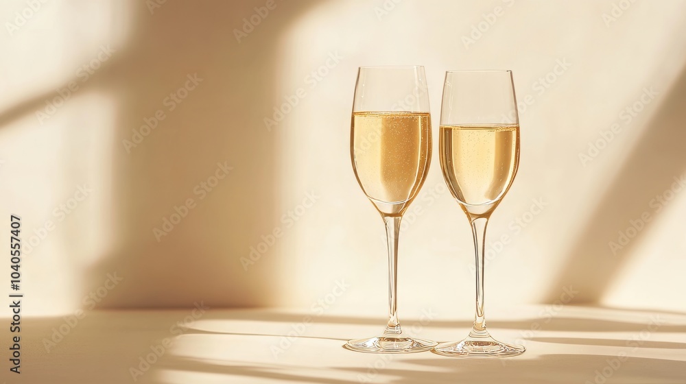 Fototapeta premium Close up of two glasses of champagne on sunny beige background. 