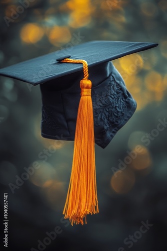 Graduating cap with golden tassel displayed outdoors against a blurred backgr...