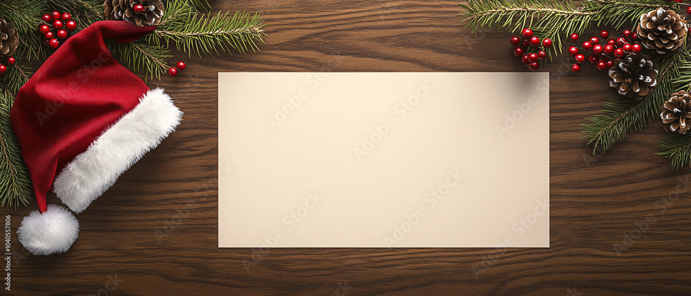 Fototapeta premium Christmas Hat and Pine Branches with Blank Paper on Wooden Background, Christmas Hat and Pine Branches with Blank Paper on Wooden Back
