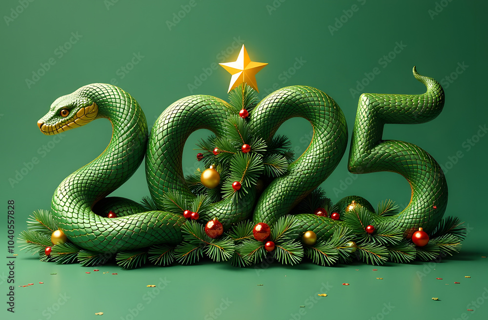 Experience the 2025 numbers styled as a snake wrapping around pine branches. The Christmas tree is adorned with ornaments, and a shining star takes center stage, capturing the holiday spirit. High Experience the 2025 numbers styled as a snake wrapping around pine branches. The Christmas tree is adorned with ornaments, and a shining star takes center stage, capturing the holiday spirit. High