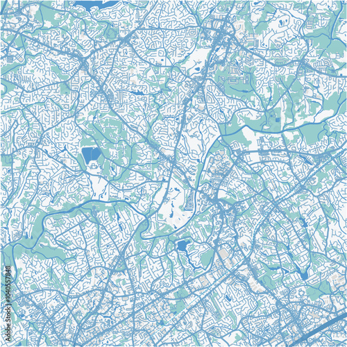 Map of Johns Creek in Georgia in a professional blue style. Contains layered vector with roads water, parks, etc.