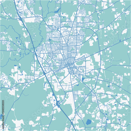 Map of Valdosta in Georgia in a professional blue style. Contains layered vector with roads water, parks, etc.