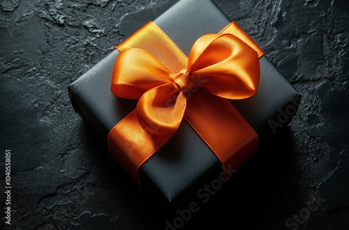 Elegant black gift box with orange ribbon on a dark background suitable for v...