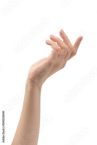 Woman hands with nude manicure isolated on a white background.